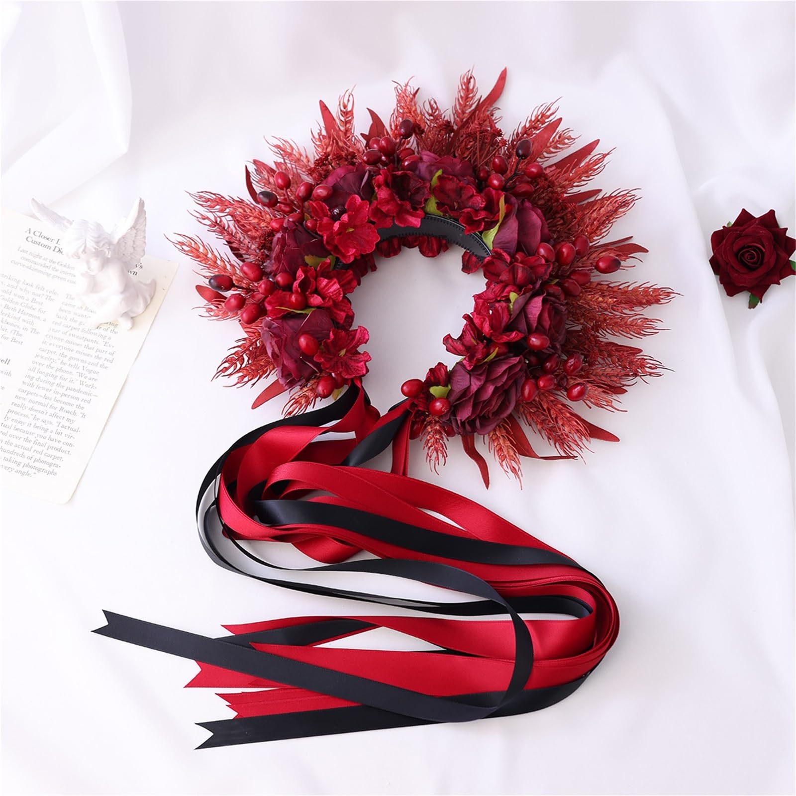 Handmade Simulated Flower Headpiece, Berry, Wheat Ear Hairpin, Headband, Integrated Long Ribbon Tassel Buckl