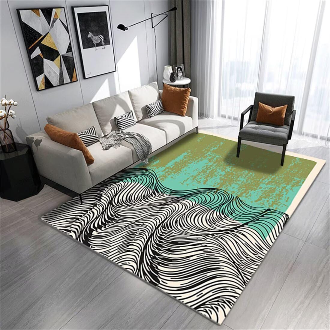 Tapis classique antidérapant avec imprimé courbe vert et noir 120X200CM stable