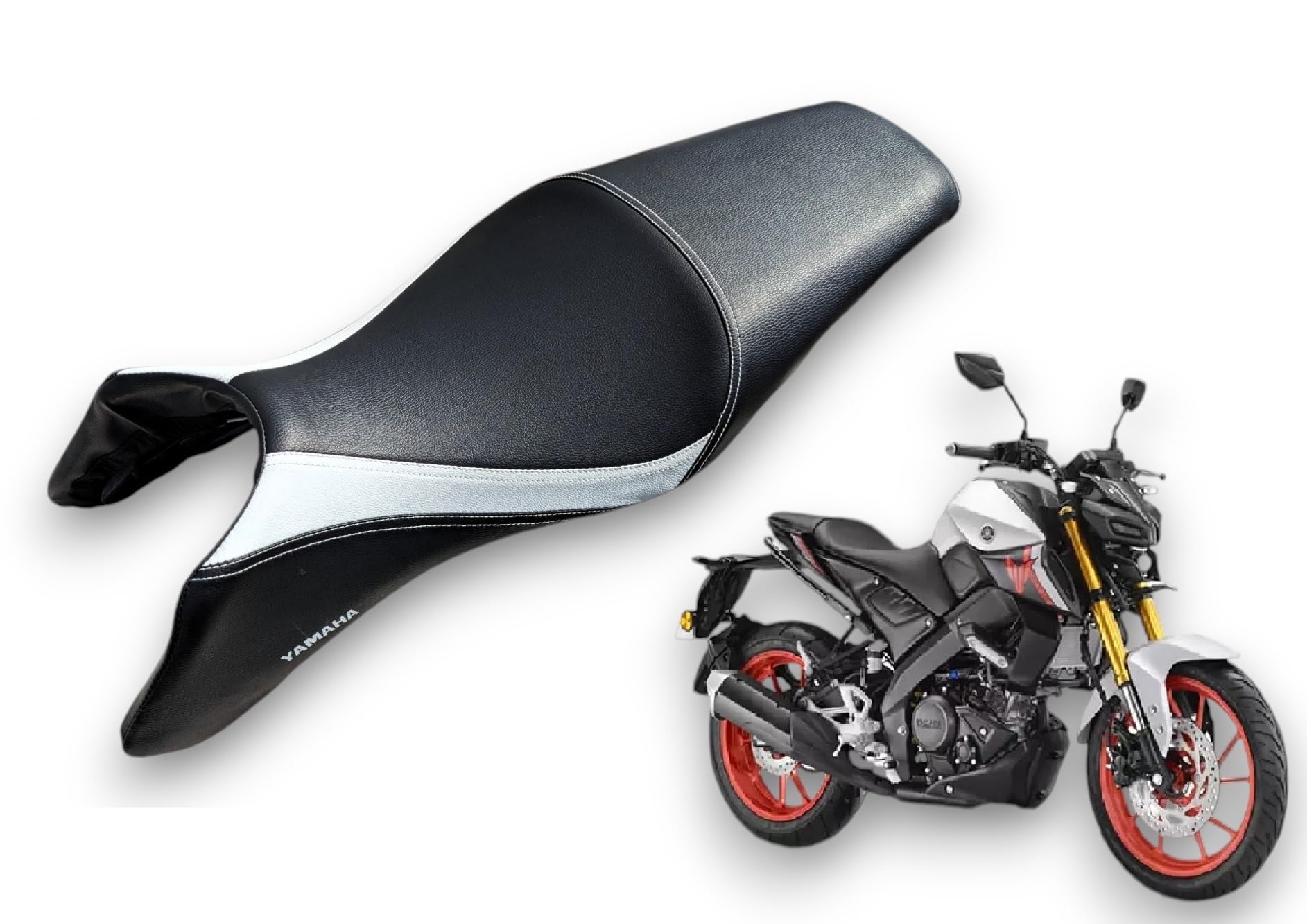 MT 15 - Compatible with MT-15 Seat Cover with Added Rubber Foam | Motor Bike | Black | PU Leather White | Black Design-image-30