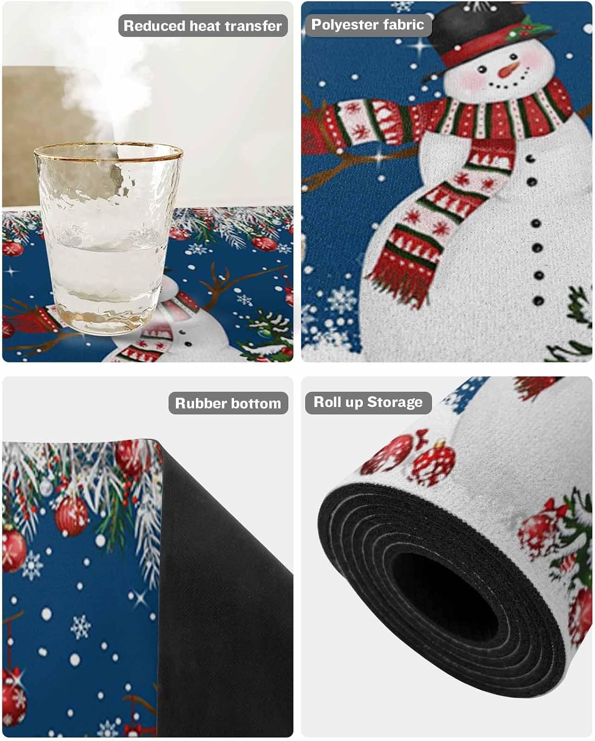 Heat Proof Table Pads Waterproof Decorative, Christmas Snowman Non-Slip Table Countertop Protector, Navy Blue Xmas Tree Ball Elk Snow Insulation Mat for Dining Room, 48 x 12 Inches