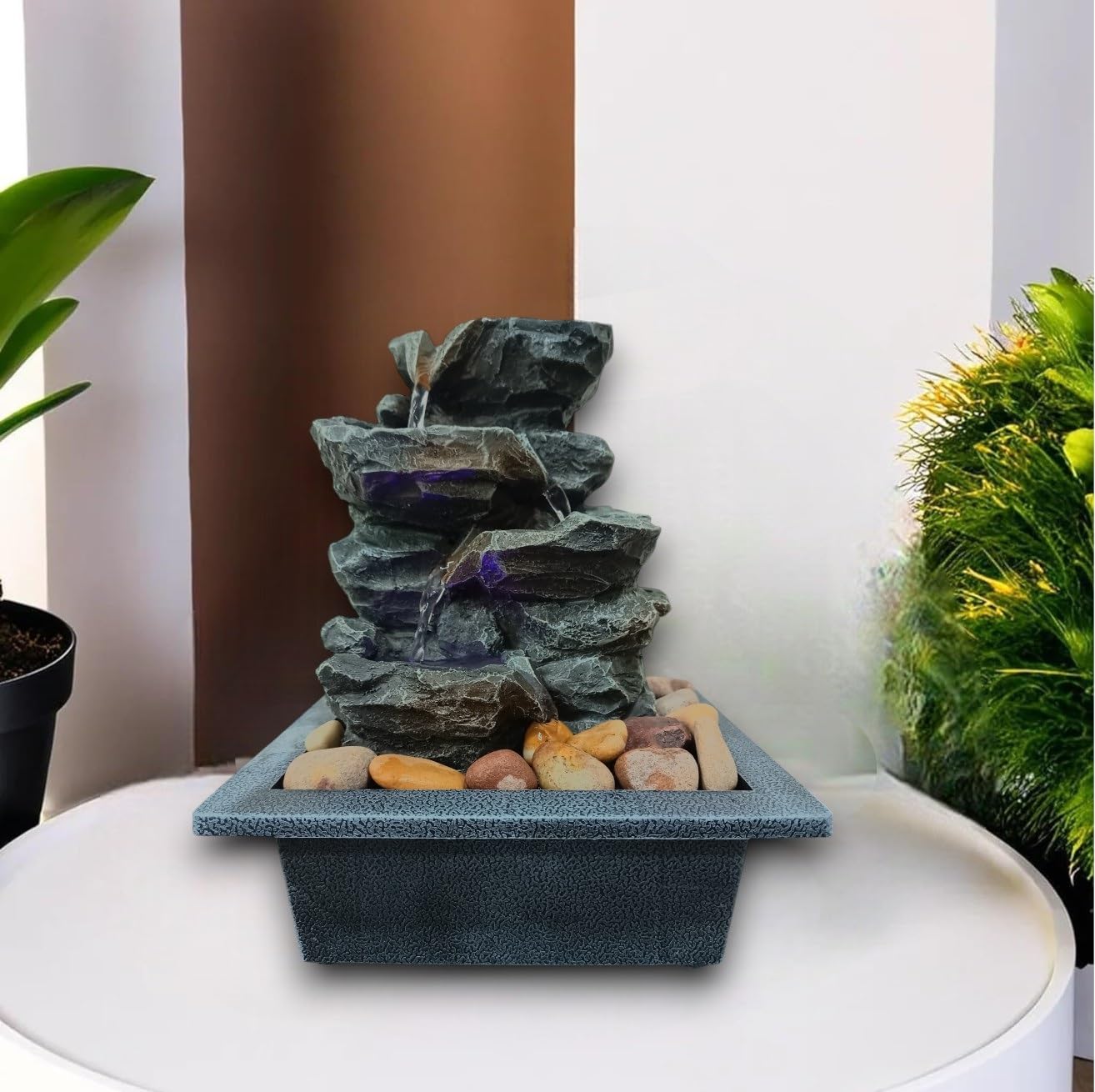 Seven Moon Plastic Mountains Design Tabletop Water Fountain Desktop Waterfall Home Decor Ornaments For Living Room Office With Deep Basin And Natural River Indoor Zen Relaxation 7Mwf09