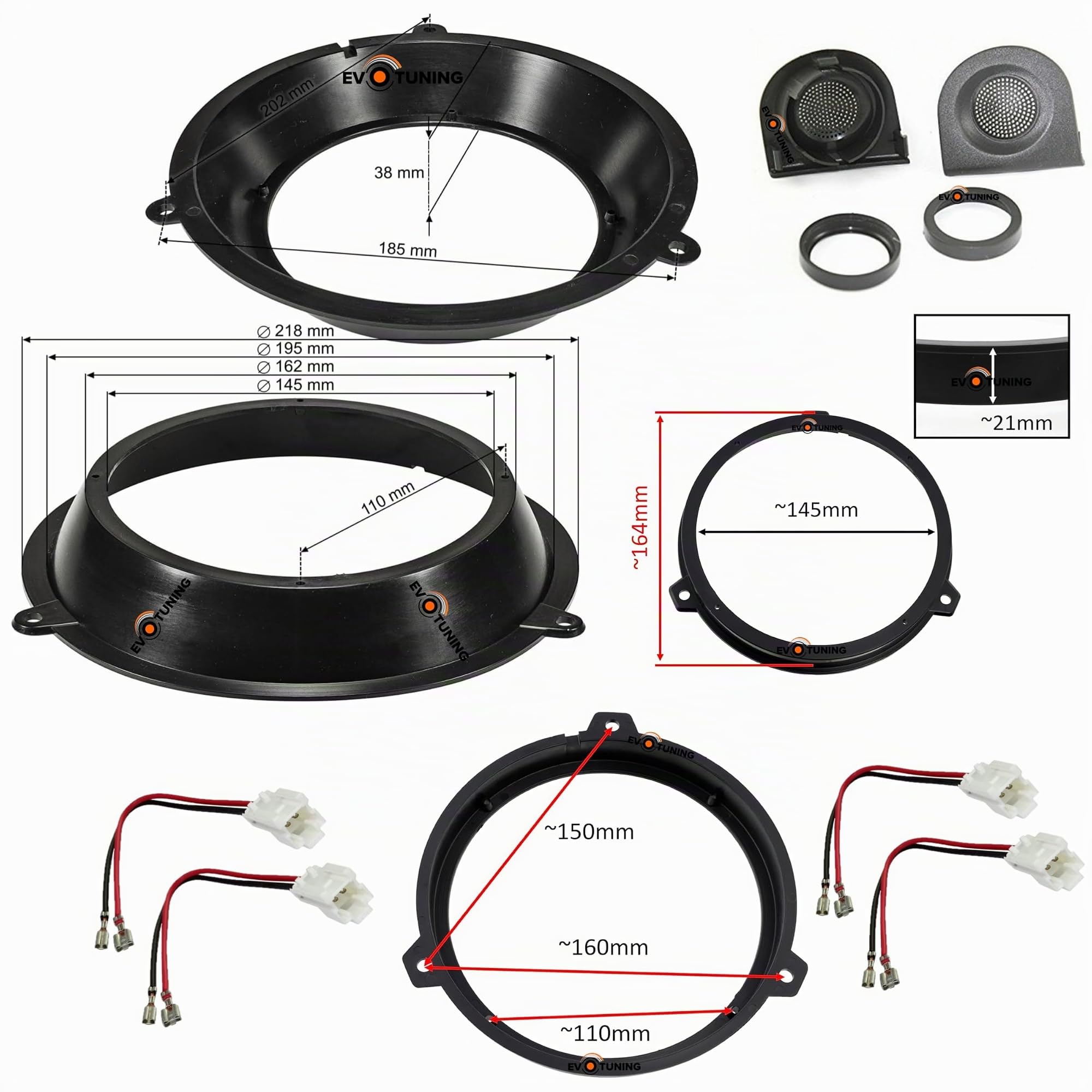 Kit 6 Casse Altoparlanti per Fiat Panda 169 dal 2003 al 2012 compatibile con Hertz K165+X165 Anteriori e Posteriori + 4 Anelli Adattatori da 165mm + 2 Cp Cavi + 1 Cp Griglie Tweeter