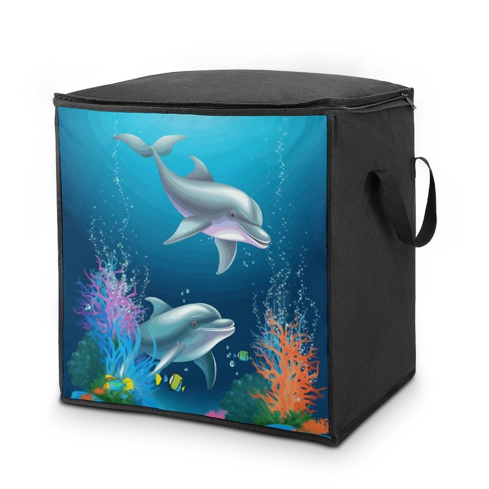 Dolphin And Fish Storage Bag with Zippers And Handle Extra Large Bedding Comforter Storage Bag Foldable Blanket Storage Bags Fabric Moving Bags for Closet Organizer (70L)