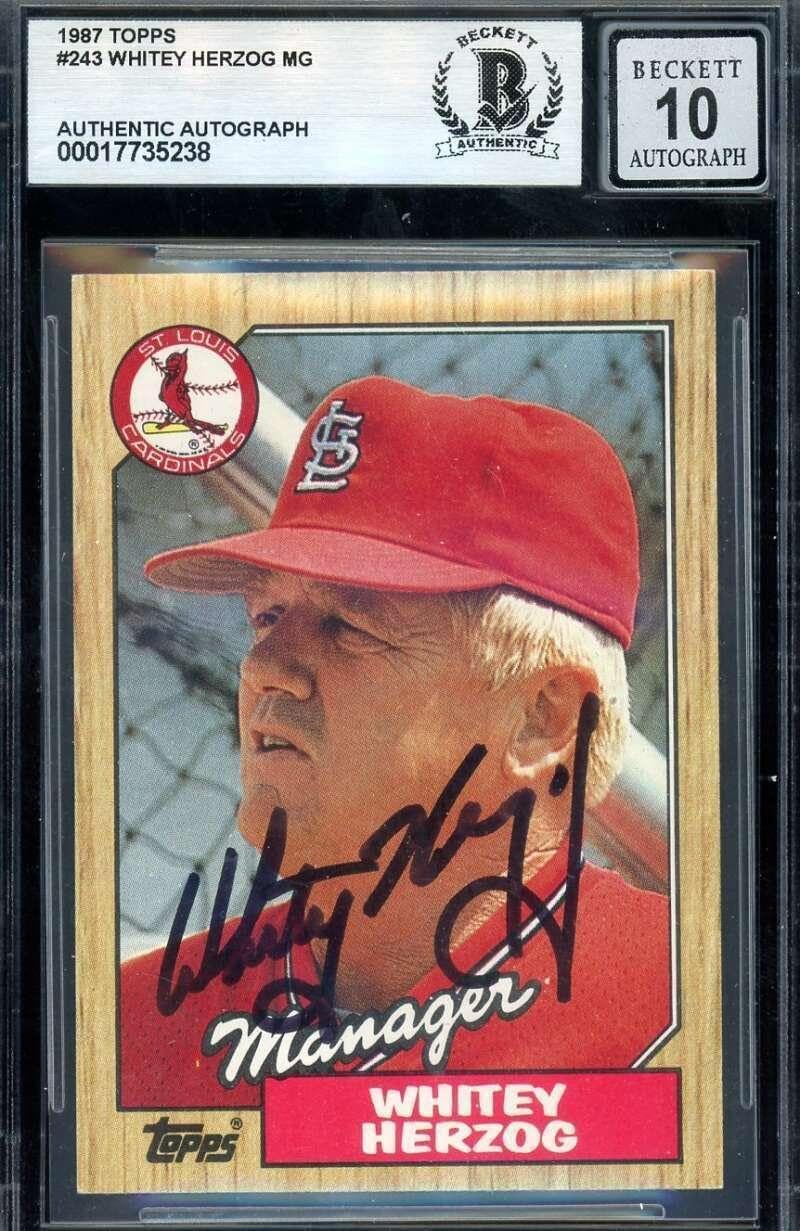 y Herzog Gem Mint 10 Beckett BAS Signed 1987 Topps Autograph - Baseball Slabbed Autographed Cards