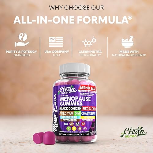 Miniatura 11 de Suplemento de menopausia para mujer, gomitas con cohosh negro, ñame silvestre, DIM, magnesio, trébol rojo casteberry para alivio del equilibrio