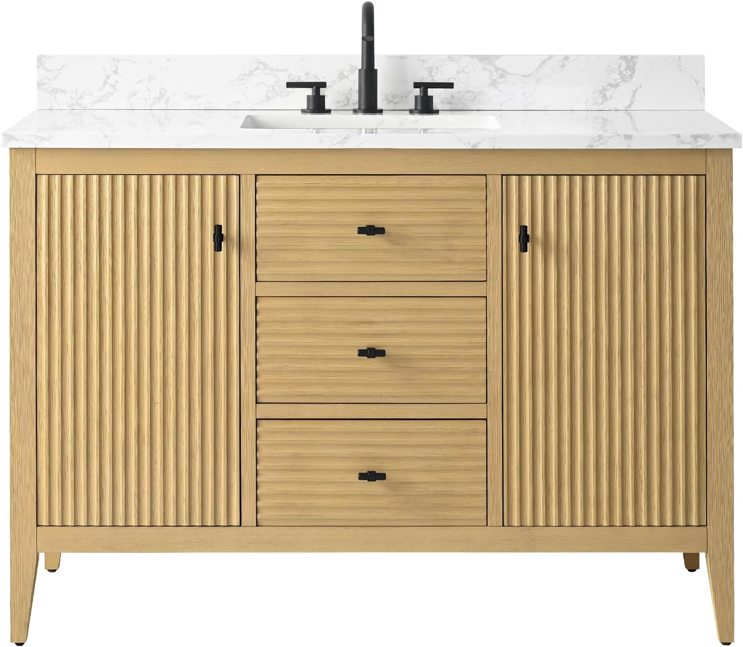 Vanity Art 48 inch Oak Bathroom Vanity with Single Sink & Ceramic Top, Vanity Cabinet with Soft-Closing Door, Solid Wood Frame, Linear Pattern, Natural Oak, VA9148-NO-MB,Matte Black Handles