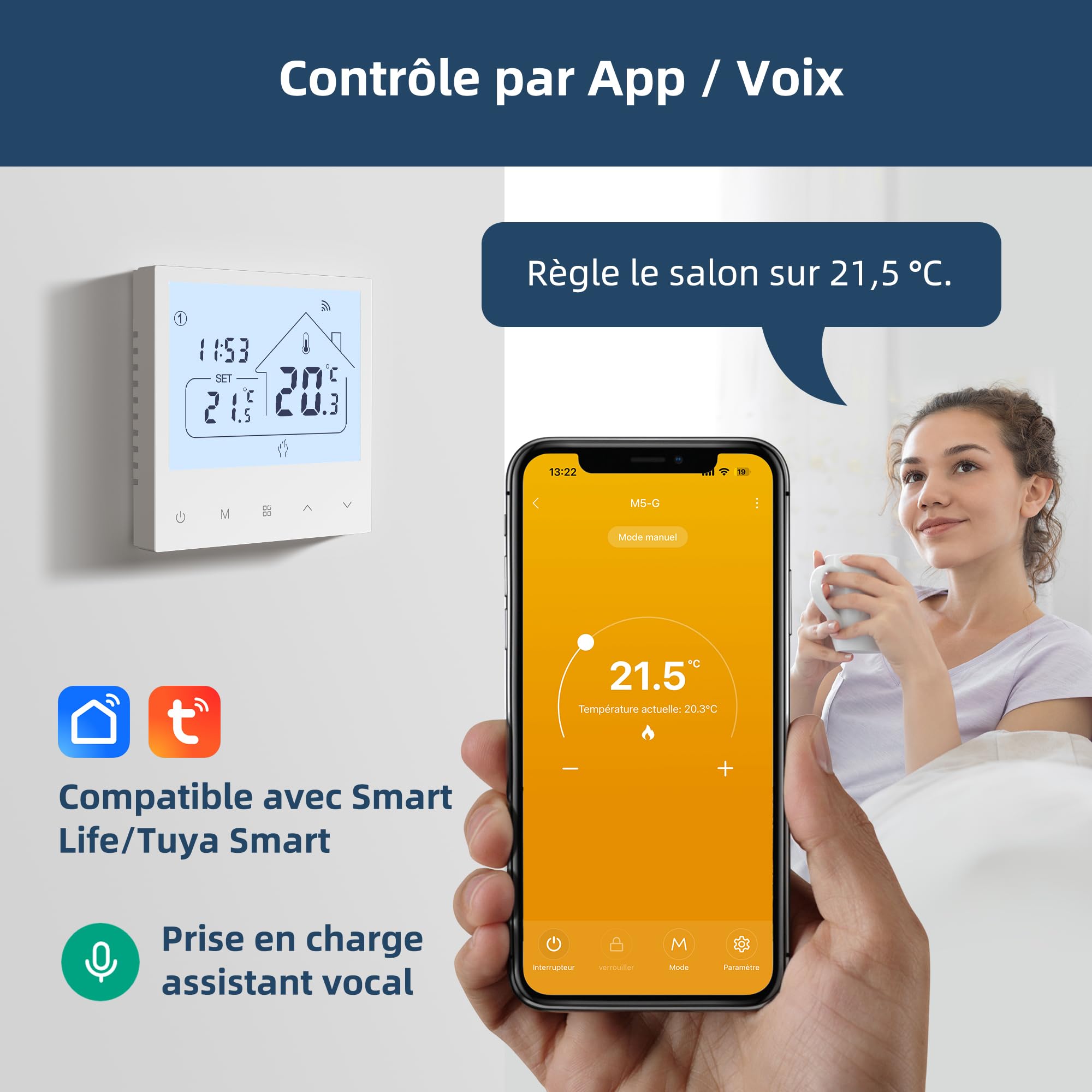 Beok Thermostat Connecté Grand Écran, WiFi pour Chaudière Gaz/Chauffage au Sol à Eau, Commande vocale Google Home & Alexa, Contrôle à Distance Via app Tuya Smart, Programmation journalière, 230V/3A