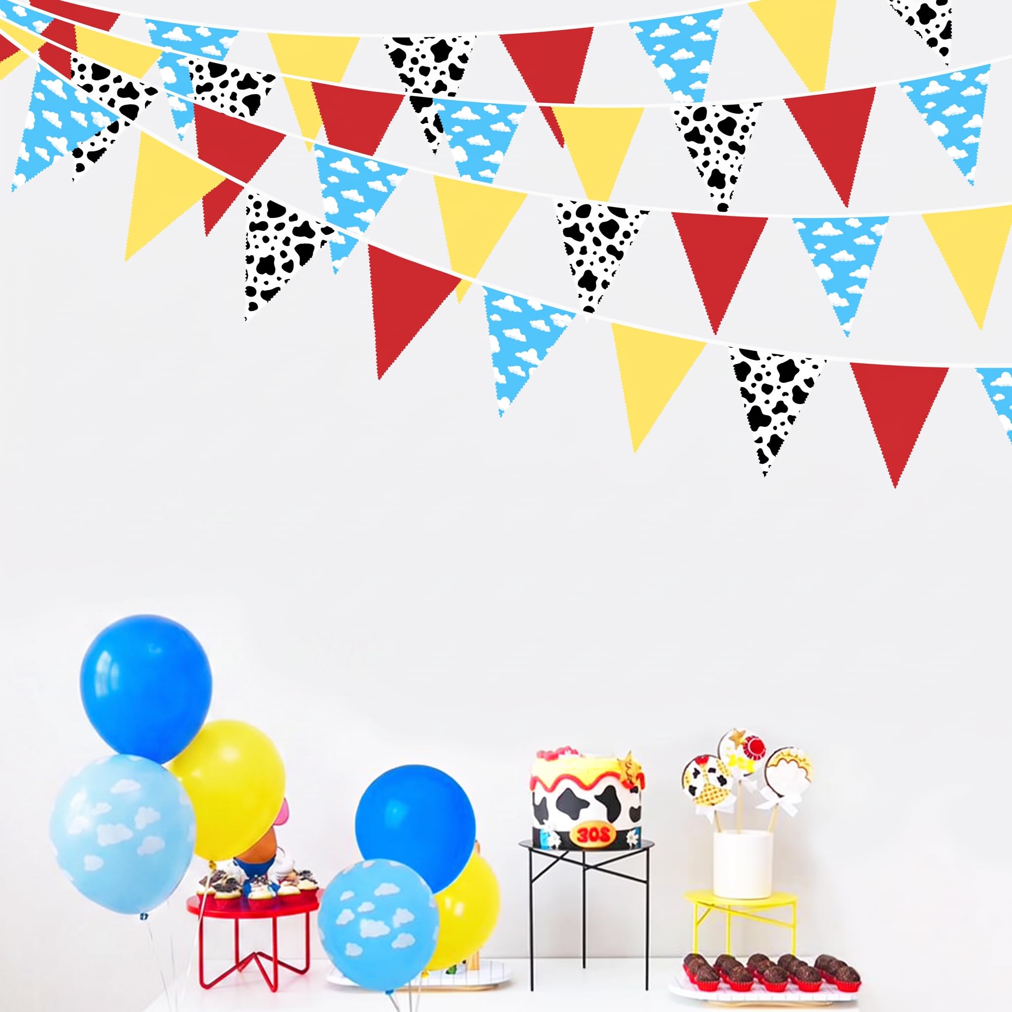 Decoración de fiesta de dibujos animados de 32 pies, rojo, azul, amarillo, bandera de tela con estampado de nube y vaca, banderín triangular, guirnalda de banderines para niños, cumpleaños, baby