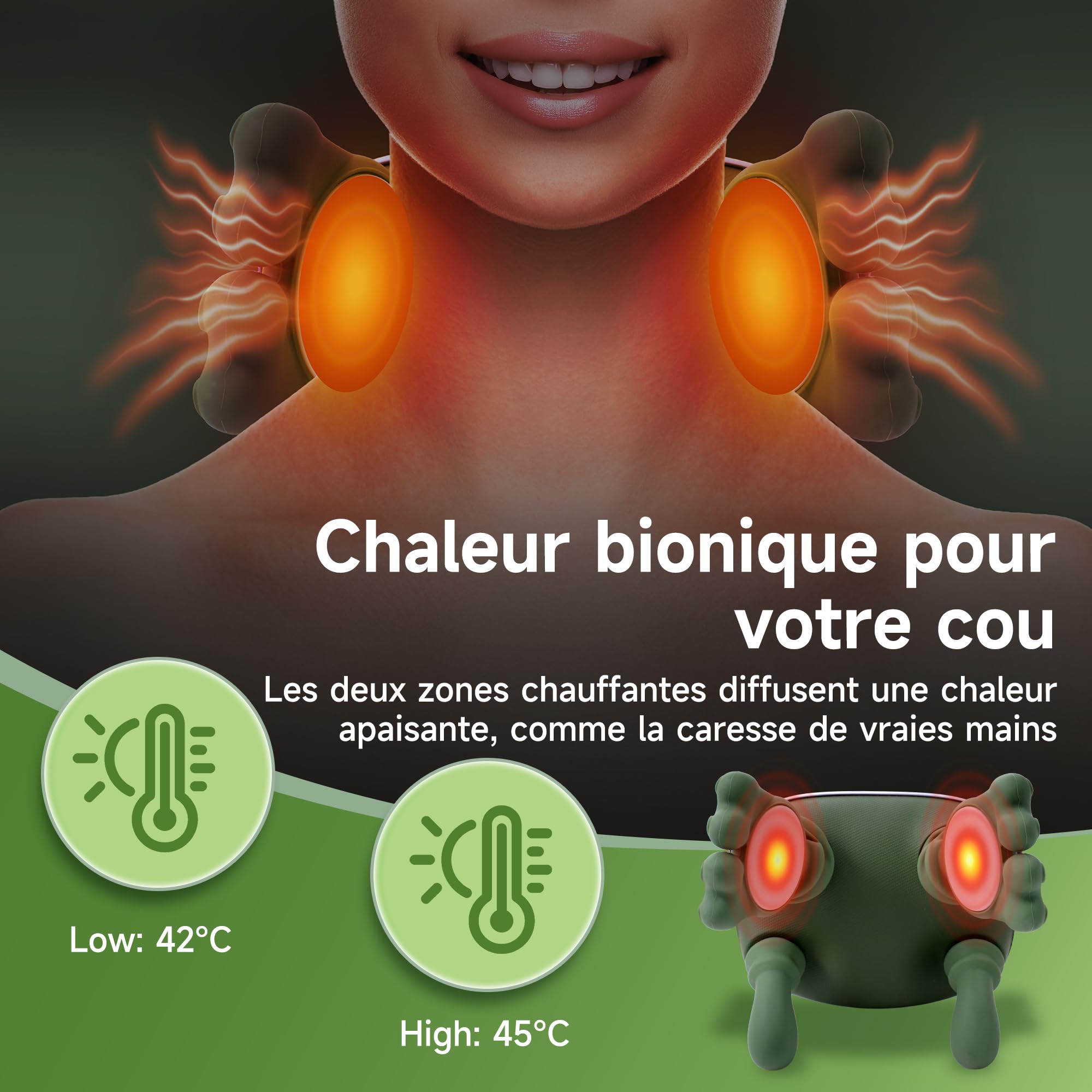 Masseur Dos et Cervicales 4D à Main Bionique, Masseur Cervical Électrique avec 3 Niveaux d’Intensité et 2 Niveaux de Chaleur, Massage Profond pour Détendre les Muscles, Soulage Douleurs et Fatigue