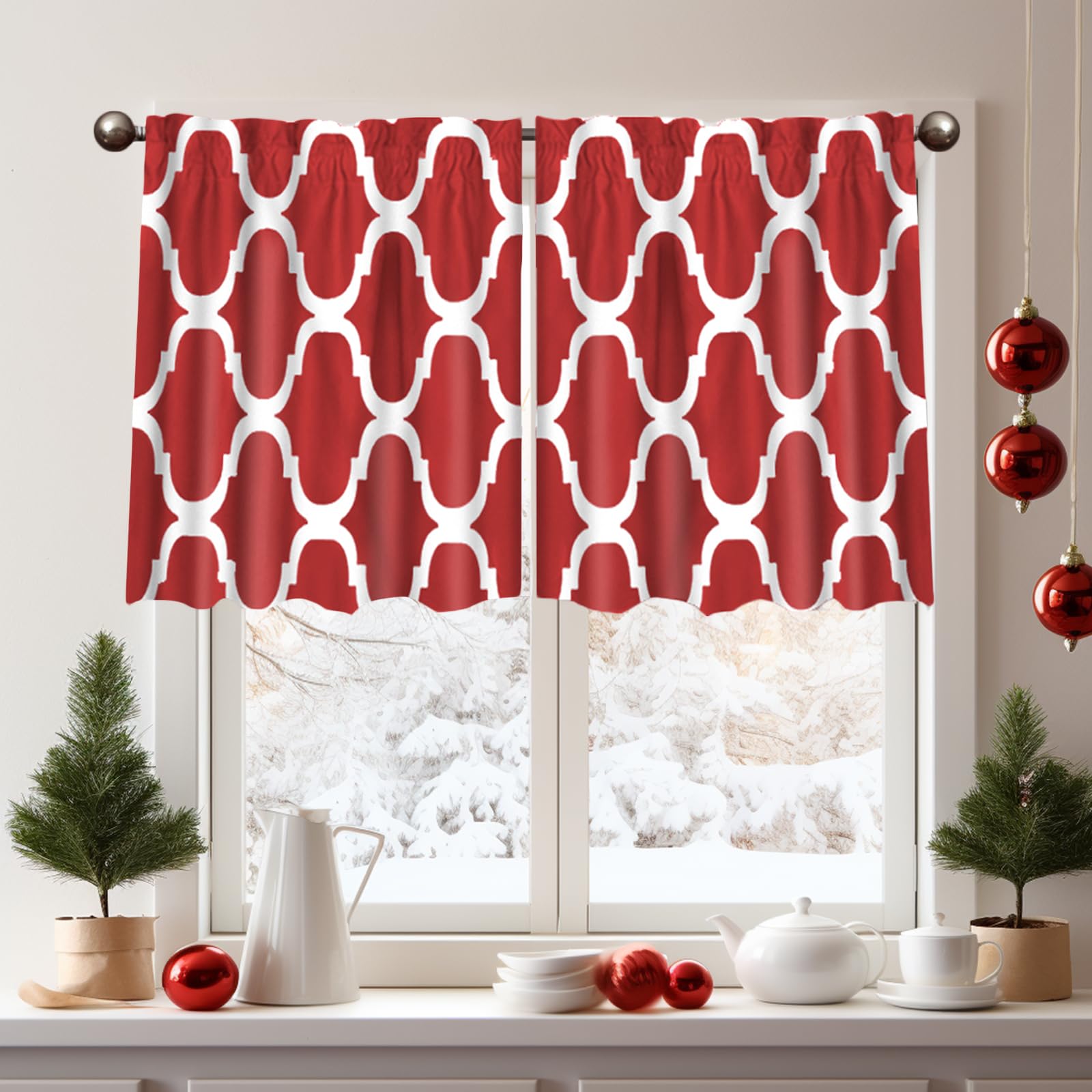 melodieux set of 2 moroccan fashion tier curtains for kitchen,geometric lattice rod pocket curtains for cafe bathroom small windows, tiers - 29x36 inch length,red