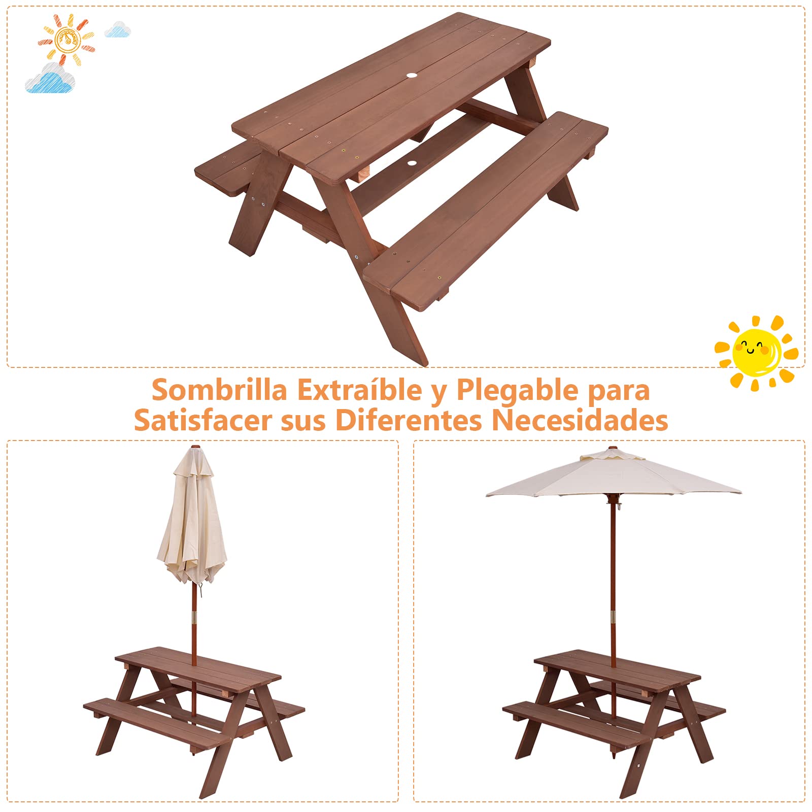 COSTWAY Mesa de Picnic para Niños 3 en 1, Mesa de Actividades al Aire Libre para Niños con Paraguas Extraíble, Bancos de Madera, Mesa de Picnic Exterior para Jardín, Patio, Casa, Césped
