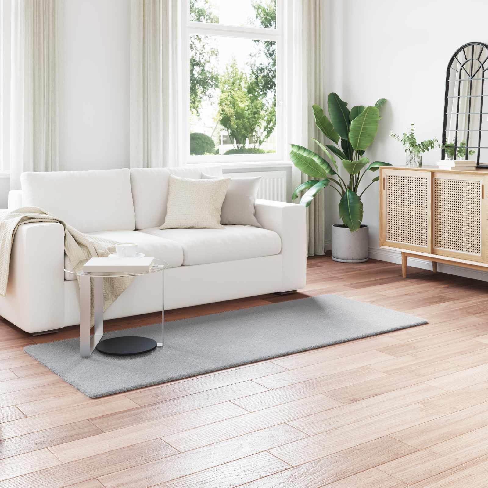 Kunstfell Teppich Kaninchenfell Optik - Rutschfester Läufer 80x200 cm - Weicher Wohnzimmerteppich Grau für Schlafzimmer & Flur - Moderner Kunstpelz Teppich OLITE
