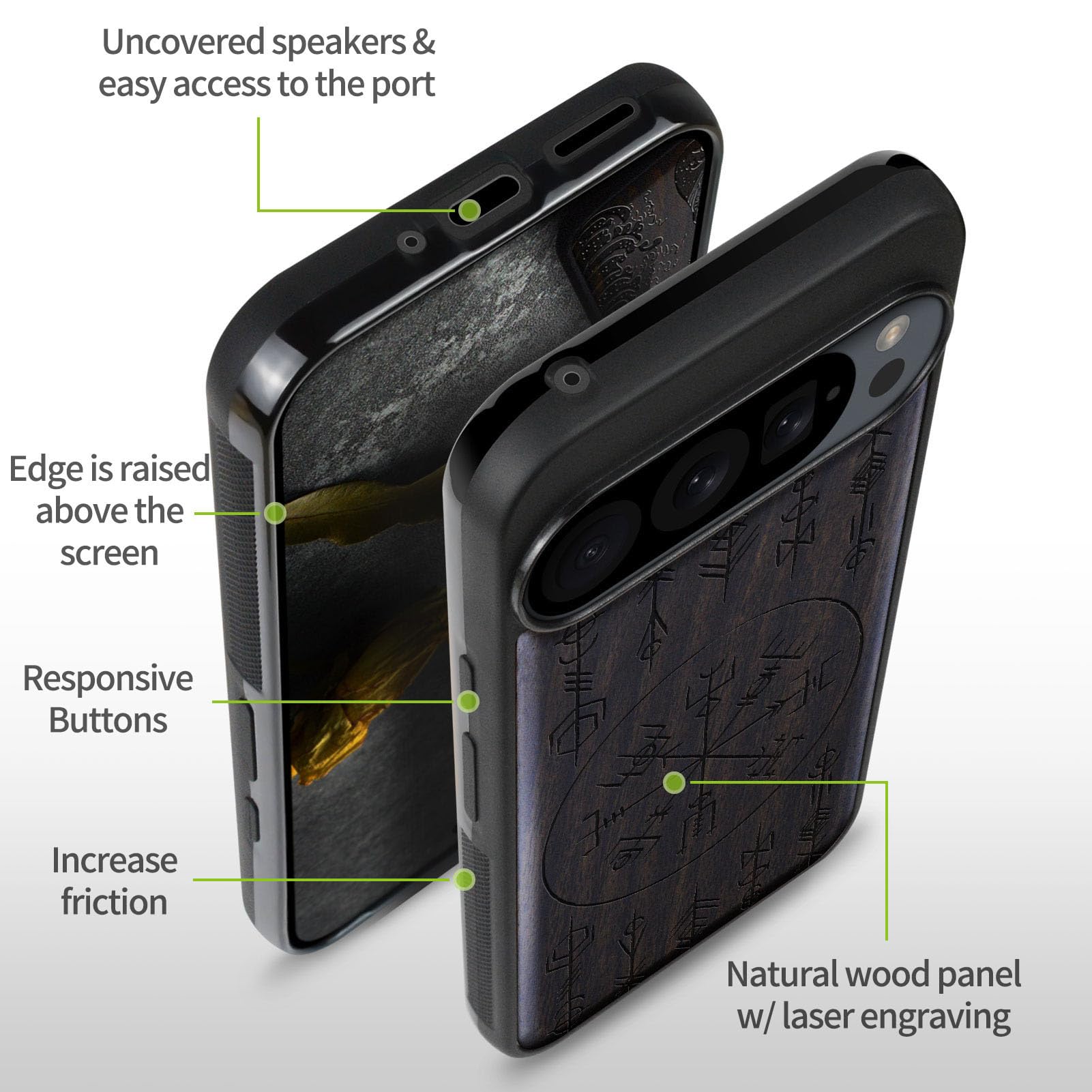 Carveit Magnetic Wooden Case For Google Pixel 9 Pro XL Case, Wood Artisan Engraved & Soft TPU Shockproof Cover, Compatible With MagSafe Wireless Chargers (Viking Amulet) Blackwood - View #4