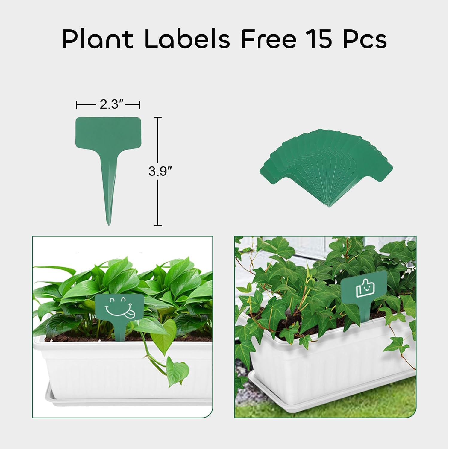 GROWNEER 3 Packs 17 Inches White Flower Window Box Plastic Vegetable Planters Long Pots with 15 Pcs Plant Labels for Outdoor Indoor Windowsill Patio Garden Home Decor Porch