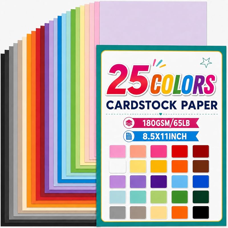 Colorful Cardstock Paper 8.5" x 11", 25 Assorted Heavyweight Colored Card Stock, 180GSM/65LB Craft Paper for Printing, Card Making, Scrapbooking & DIY Crafts (25 Sheets)