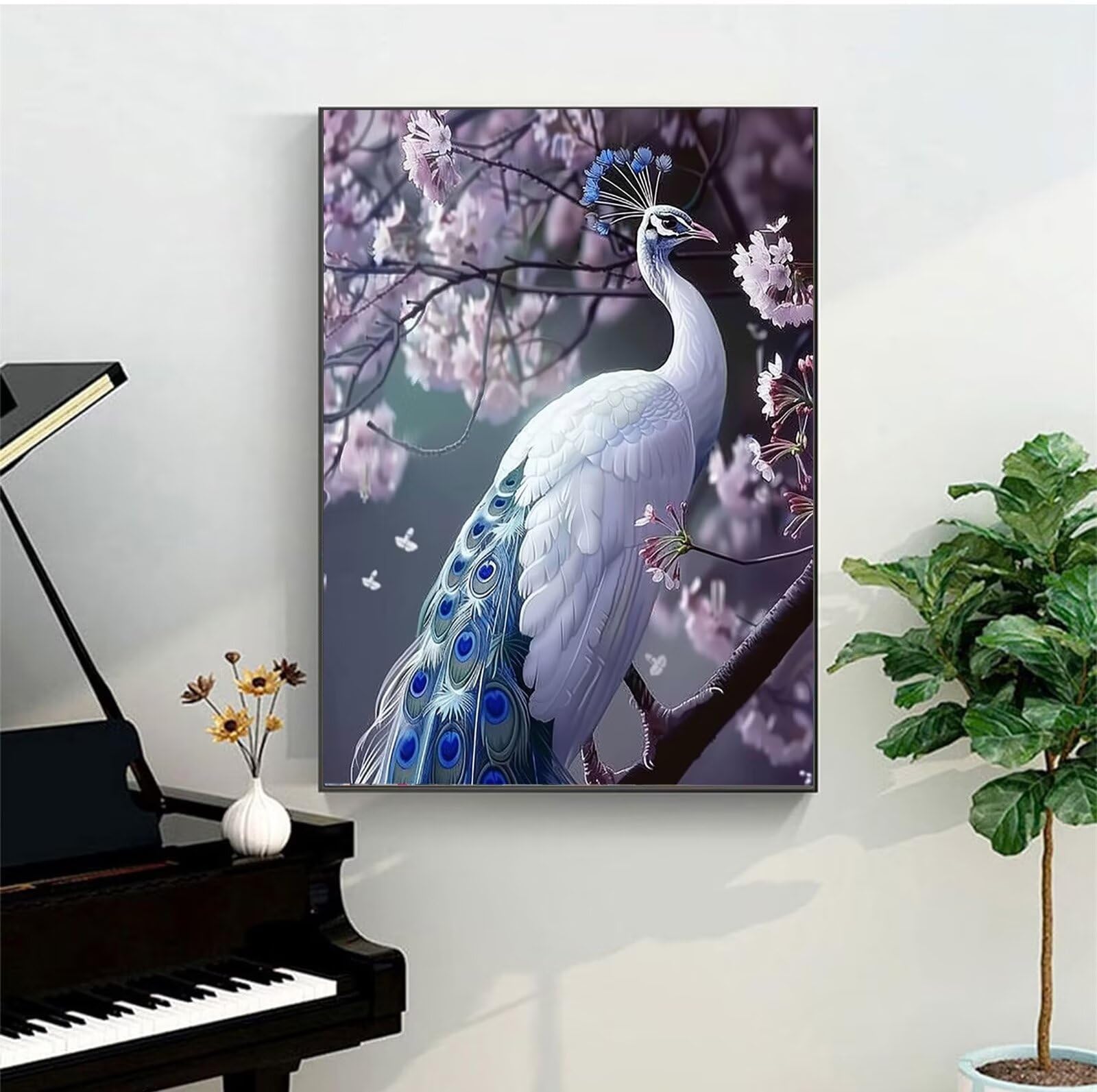 Peepezo Dipingere con i Numeri Adulti, Kit di Pittura a Olio su Tela Fai-da-Te per Bambini,Paint by Numbers Adulti e Bambini Pavone,Bianco 60x80cm (Con Scatola)