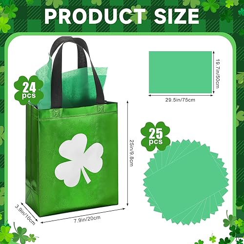 Miniatura 2 de HunnmingRe Juego de 49 bolsas de regalo del día de San Patricio a granel, 24 bolsas de trébol irlandés, no tejidas, 25 bolsas de papel de seda para