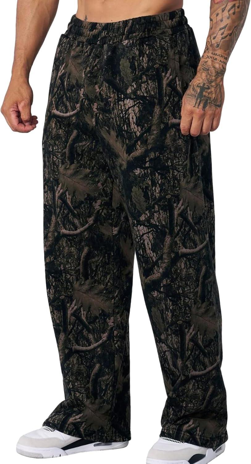 Mens Baggy Camo Sweatpants Open Bottom Elastic Waisted Wide Leg Fleece Joggers Loose Sweat Pants wtih Pockets