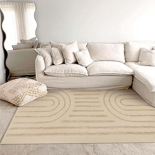Miniatura 7 de LEEVAN Alfombra bohemia lavable de 2 x 5 pies, alfombra tejida de algodón beige con borlas, alfombra bohemia de pasillo de arco iris para baño,