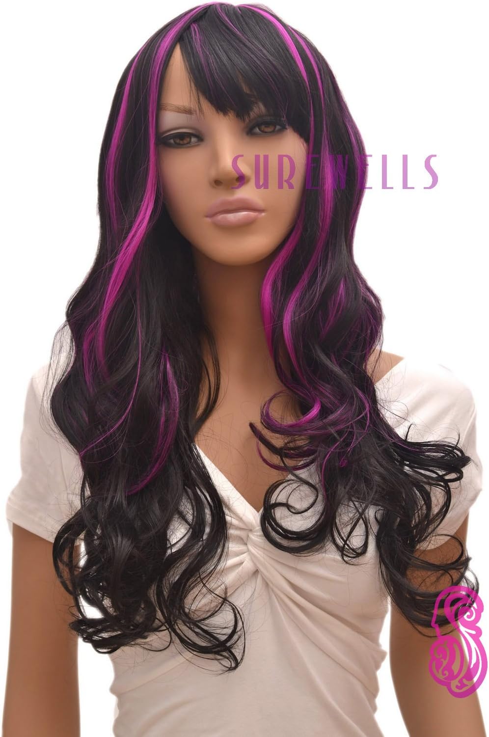 SureWells New Two Tone Fluffy Healthy Curly Full Wig As Real Hair Black mixed Purple Wigs
