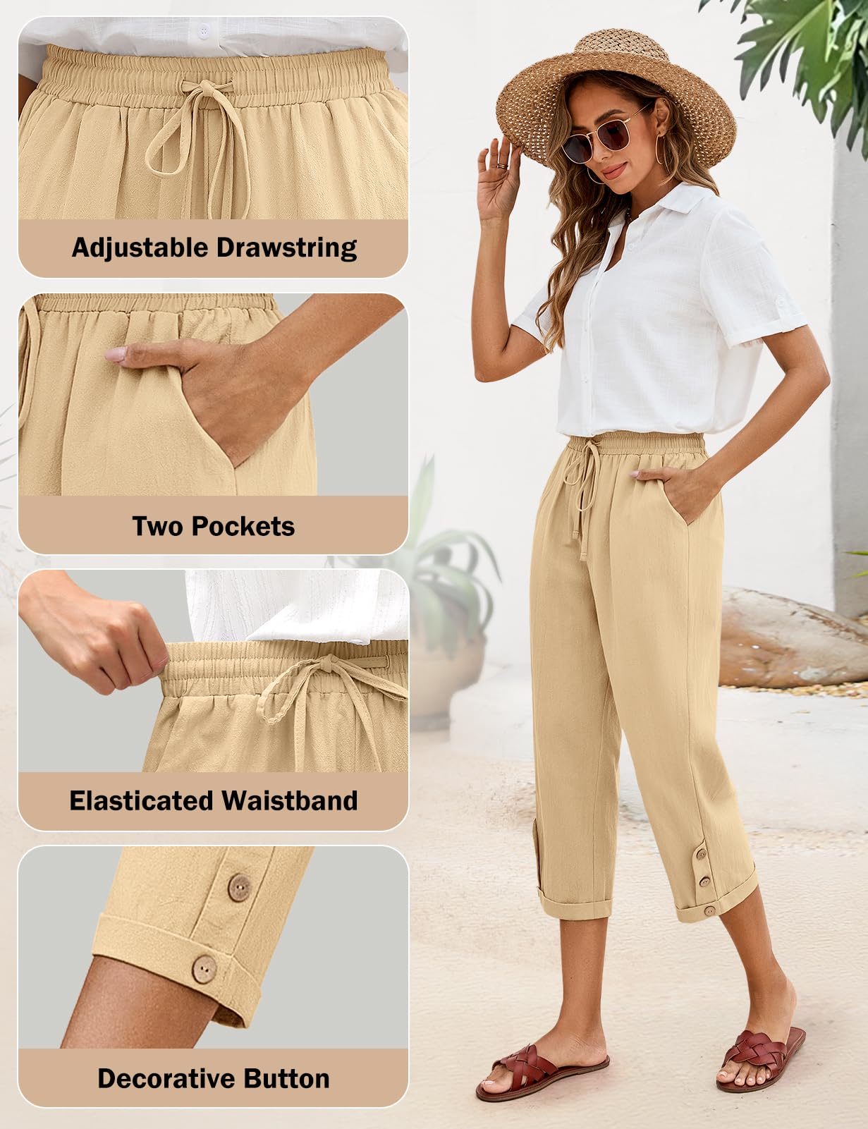 CMTOP Pantalones Mujer Verano Algodón 7/8 Pantalon Cintura Elástico Casual Pantalones Anchos Suelto Cómodos Flojo Playa Pantalón Pirata con Bolsillos