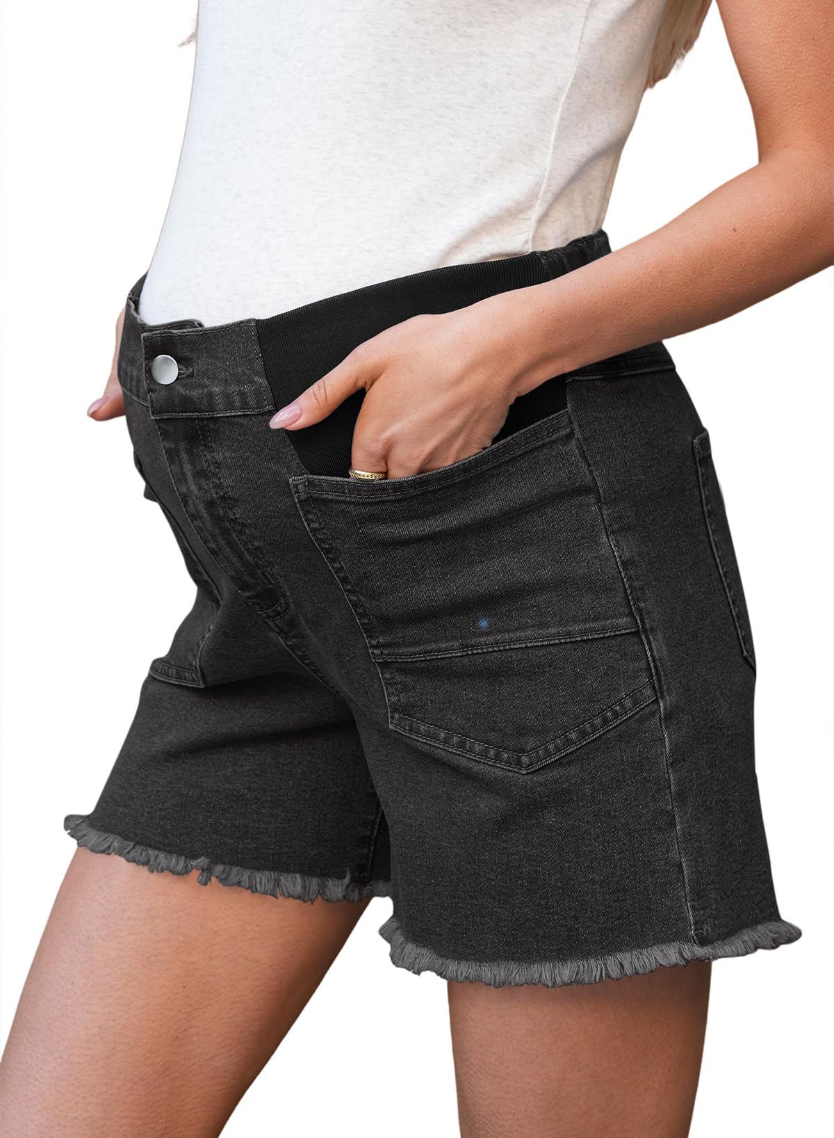 BLENCOT Womens Maternity Denim Shorts Mid-Rise Stretch Pregnancy Lounge Frayed Hem Plus Size Jeans Short with Pockets
