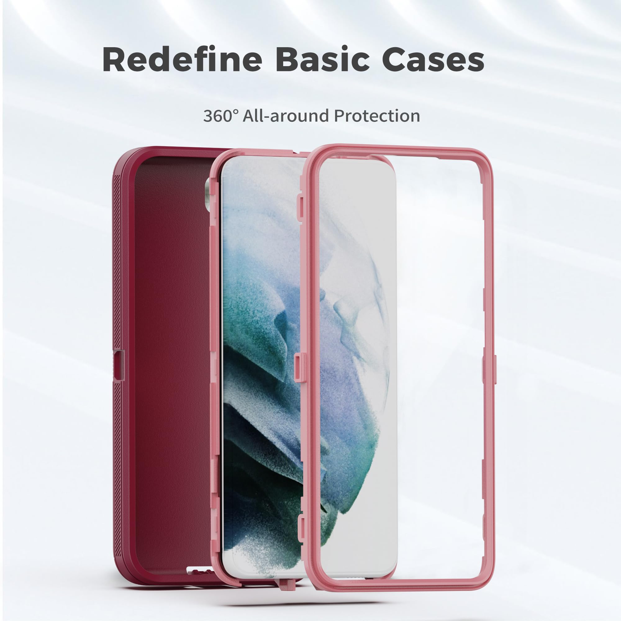 Funda para Galaxy S22 5G, funda protectora resistente con [3 capas] funda de protección de goma resistente a prueba de golpes para Samsung Galaxy S22 (rojo vino/rosa)