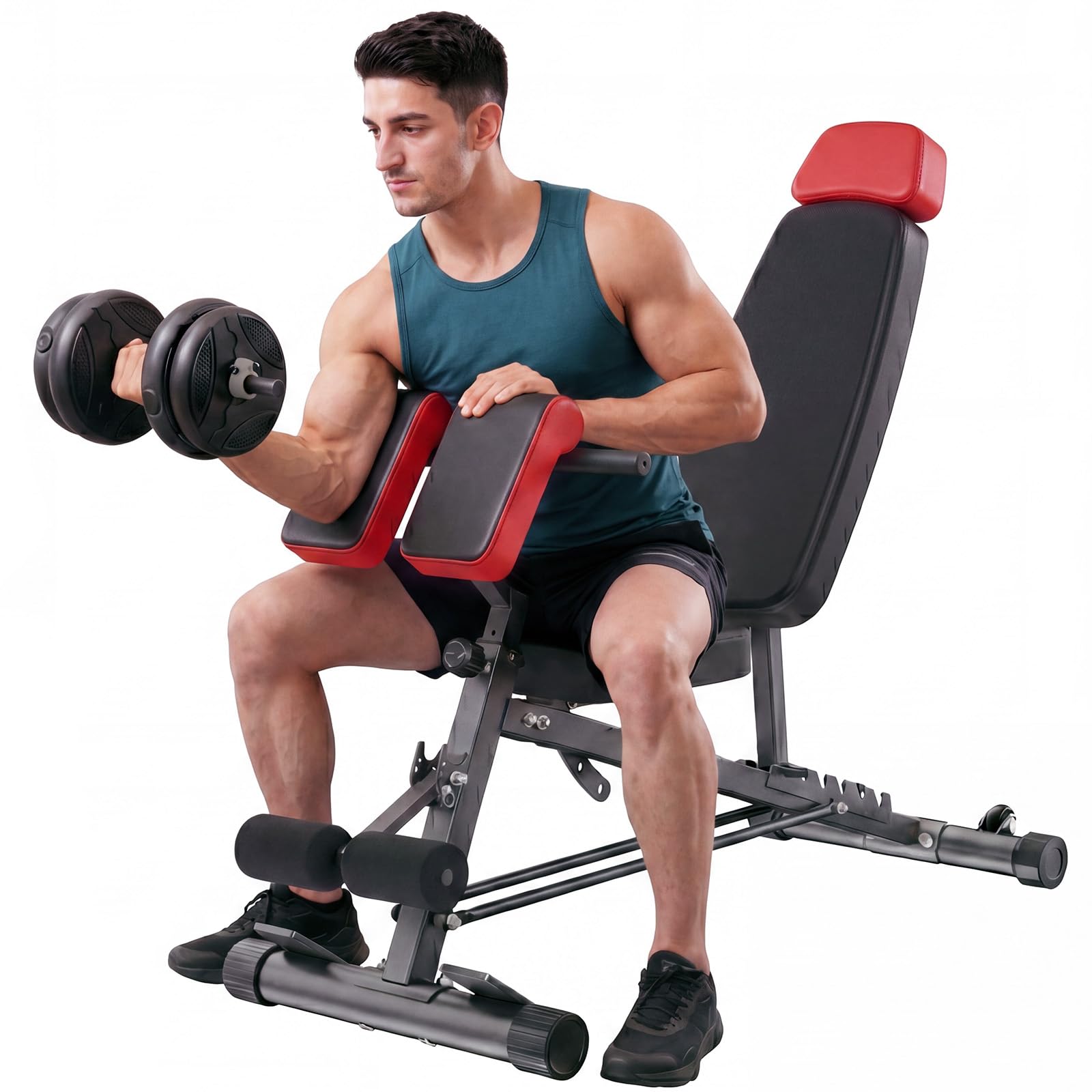 Adjustable Weight Bench, 660 LBS Workout Bench Press with 2 Wheels | Heavy Duty Chest Press Machine for Home Gym with Hyper Back Extension, for Incline Decline Sit Up Flat