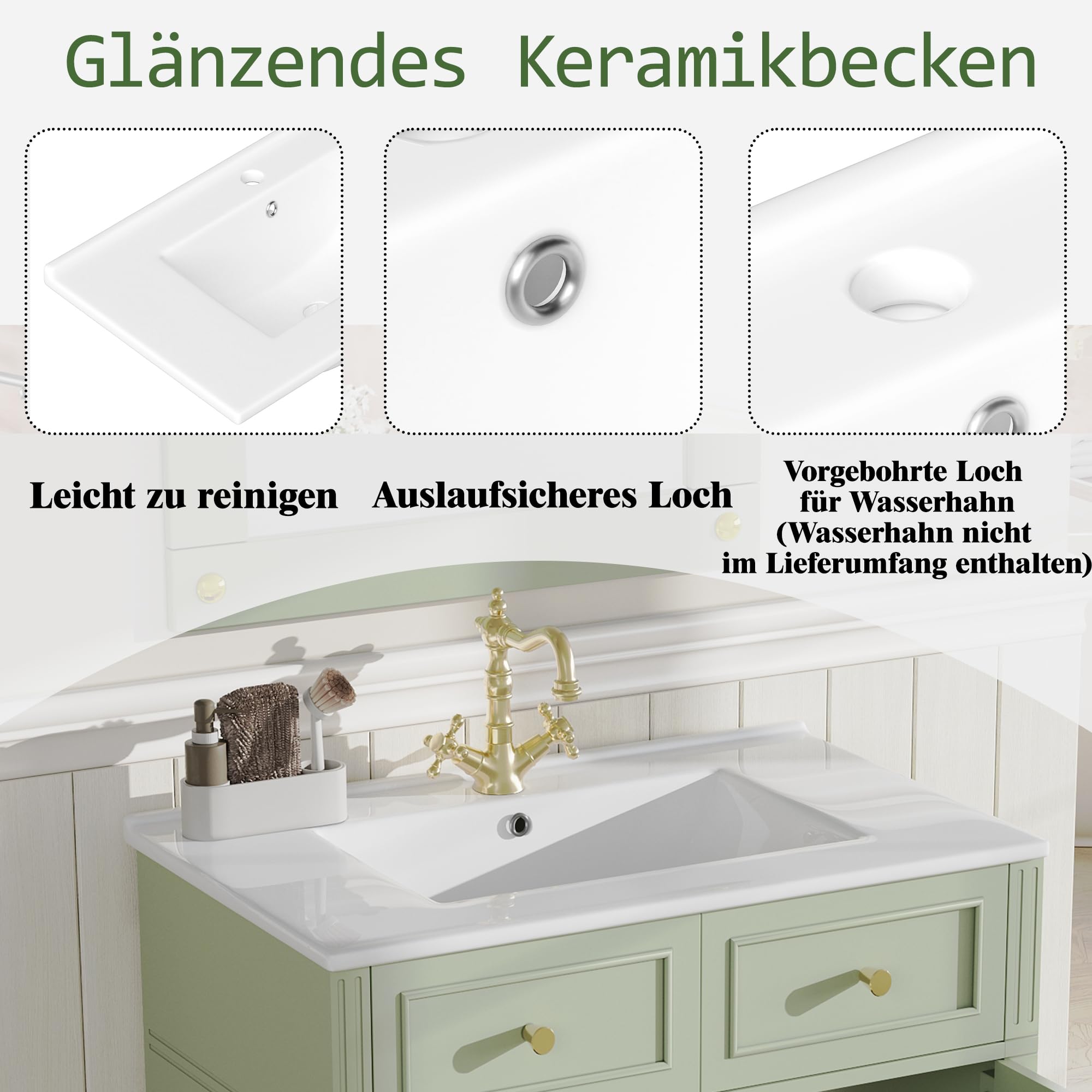 Meuble lavabo 81 cm avec Vasque en céramique, Petit Meuble sous-Vasque avec 3 Tiroirs et Rangement Caché, Poignées Dorées, Désign Simple Moderne, WC Invités, Salle de Bain, Vert-G