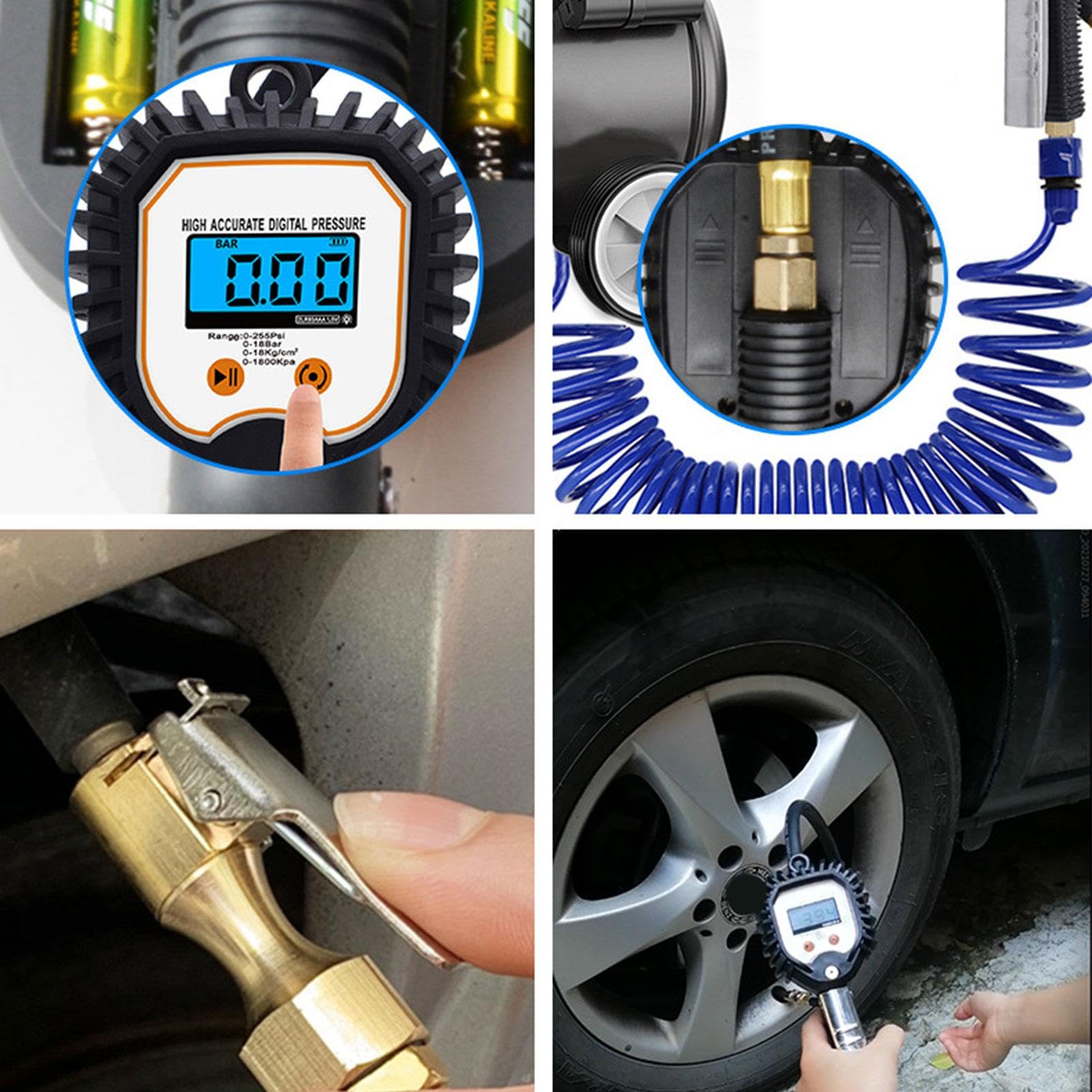 Manometro digitale per pressione pneumatica con gonfiore, per compressore | con mandrino ad aria compressa da 250 psi | Robusto con attacco rapido, risoluzione del display 0.1, acces