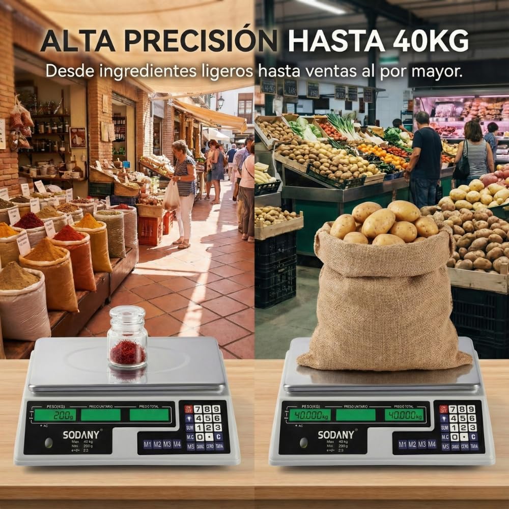 Báscula Comercial 40kg/2g Balanza Digital Profesional con Doble Pantalla LED Verde (3 Visores), Batería Recargable, Plato Acero Inoxidable. Ideal para Frutería, Mercadillo y Tiendas
