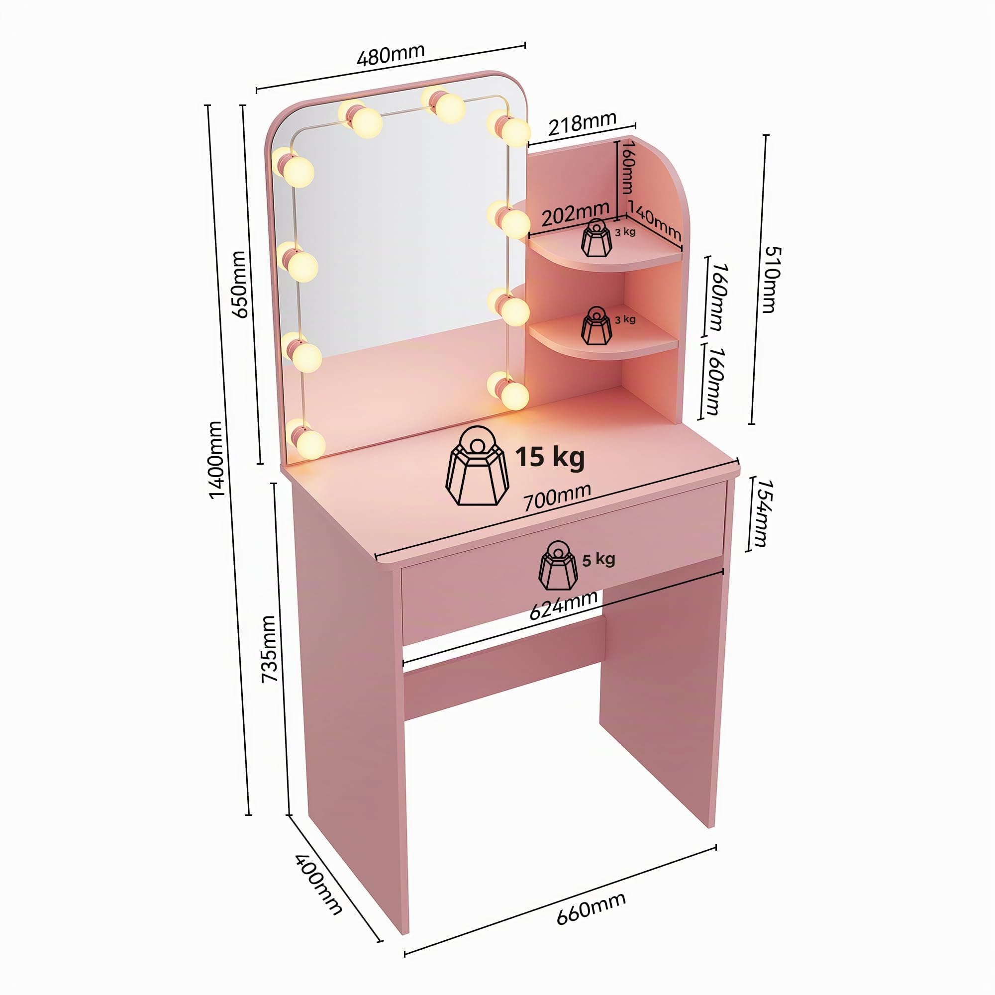 SIRHONA Tavolo da trucco con specchio a LED con luminosità regolabile, con specchio, 1 cassetti e 2 ripiani, stile moderno, rosa