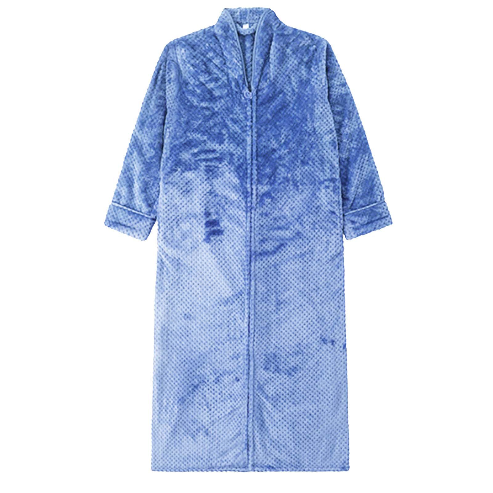 Accappatoio da donna con cerniera, leggero M-XL, vestaglia taglie lunga in pile | Pigiama da donna con scollo a V, con tasche, tinta unita, delicato sulla pelle