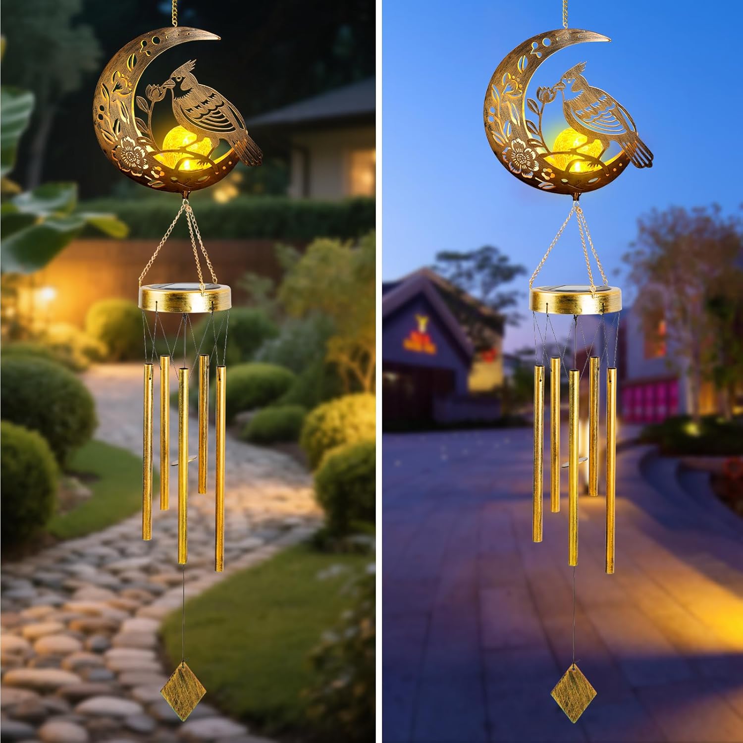 Rosefinch Solar Wind Chime for Outside - Exquisite Vermilion Bird Design, Handmade Aluminum Wind Chimes for Garden/Lawn, Soothing Zen Decor, Gift for Asian-Themed,Housewarming & Meditation Spaces