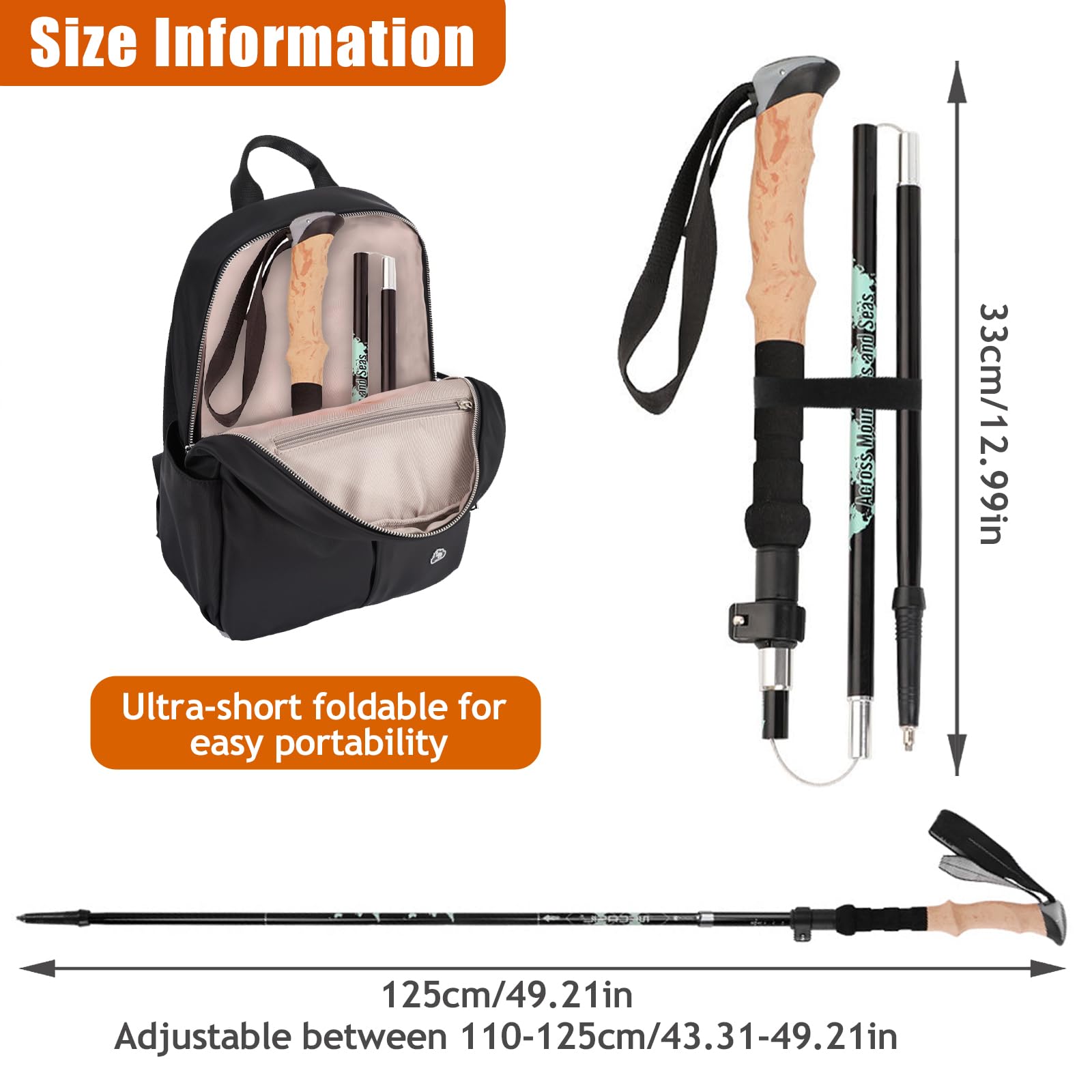 2 Bâtons De Marche Pliables Aluminium 110-125 Cm – Ultralégers Avec Poignée Liège & EVA, Pour Randonnée, Trekking, Ski Nordique