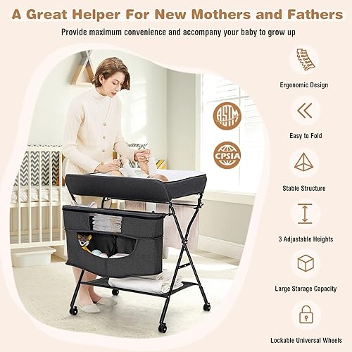 Vista 65 de HONEY JOY Cambiador, organizador móvil plegable con ruedas, altura ajustable, bolsa de almacenamiento y estante abierto, estación portátil para Gris