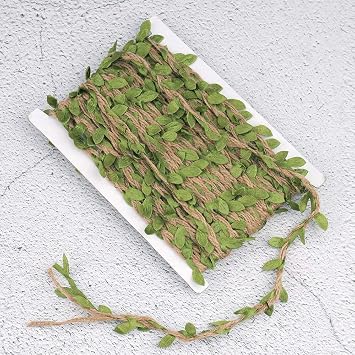 Natural Jute Twine, 66 Feet Burlap Leaf Ribbon with Artificial Vine Green Leaves for DIY Crafts, Wedding Decoration, Home, Garden Artworks and Crafts
