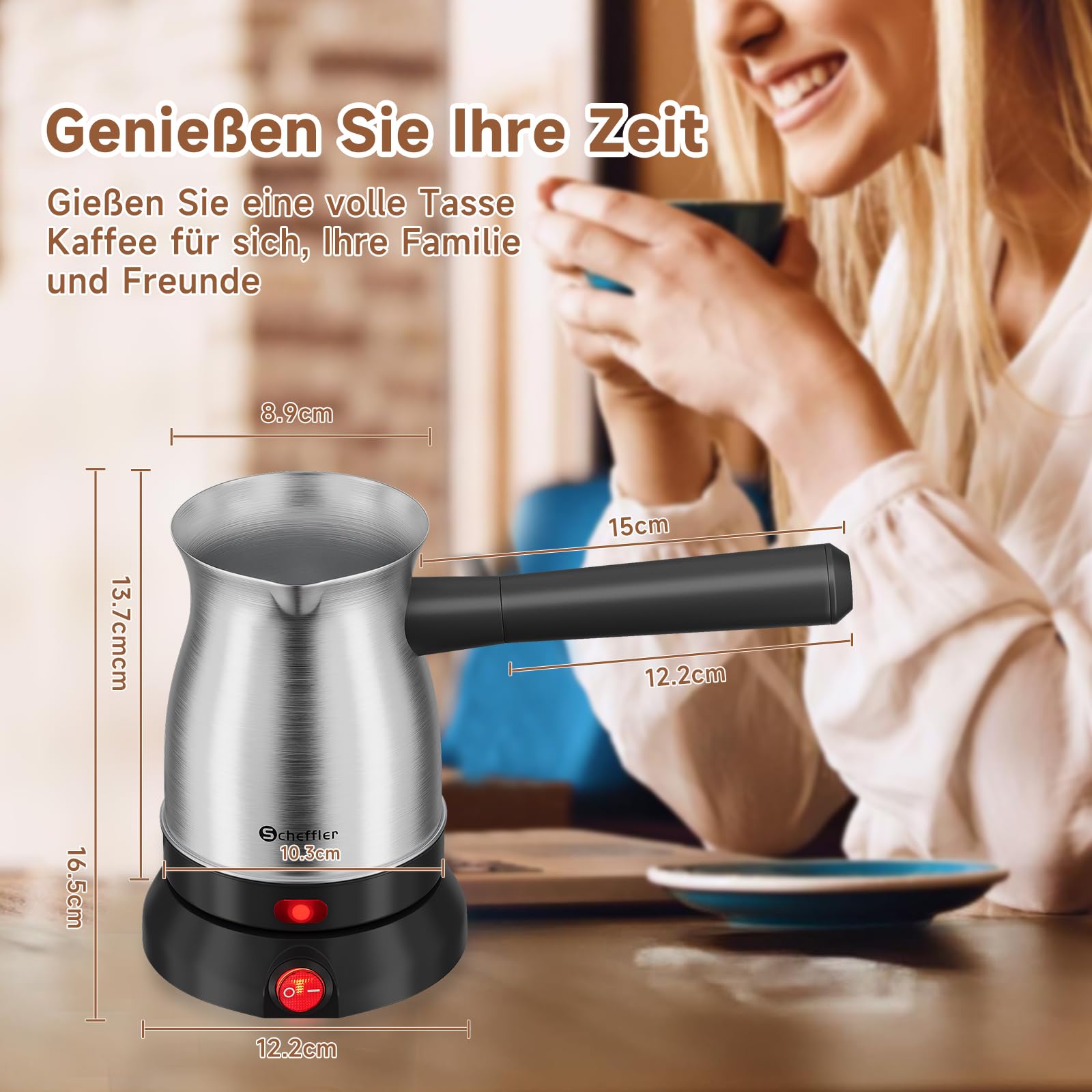 Scheffler Turecki ekspres do kawy elektryczny 500 ml | 800 W, stal nierdzewna, dzbanek do kawy mokka, do domu, biura, podróży