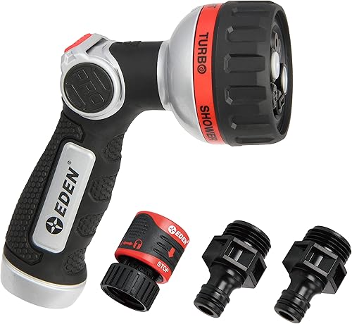 Eden 94814 Pro Boquilla turbo de 6 patrones con control de pulgar de metal, con conector rápido, rociador de jardín de alta presión para manguera