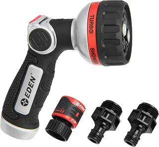 Eden Metal 6-Pattern Hose Nozzle: Thumb Operated, Heavy-Duty Aluminum Core