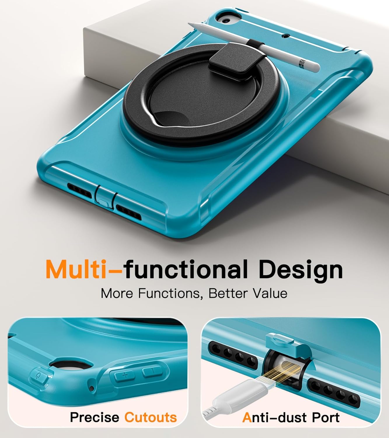 BATYUE Shockproof Case for iPad mini 4/5 (2015/2019) - 360° Multi-Angle Stand (Portrait & Landscape) & Grip, Pencil Holder (Elastic Loop), Multi-Scene for All Ages, Lake Blue