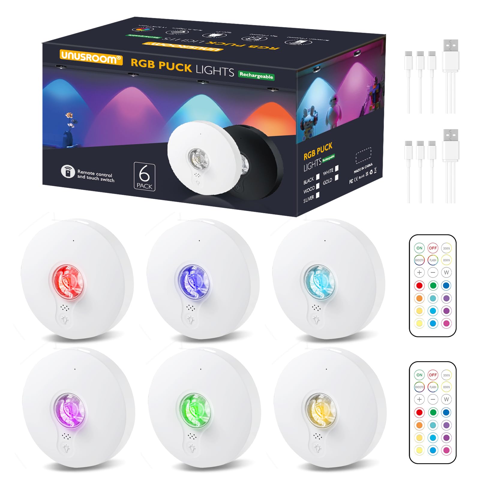 Rechargeable RGB Puck Lights,13 Colors Changeable LED Puck Lightings Remote Controls,6Pack LED Under Cabinet Counter Lighting,Battery Operated Tap Lights,Dimmable Wireless Closet lights for Kitchen
