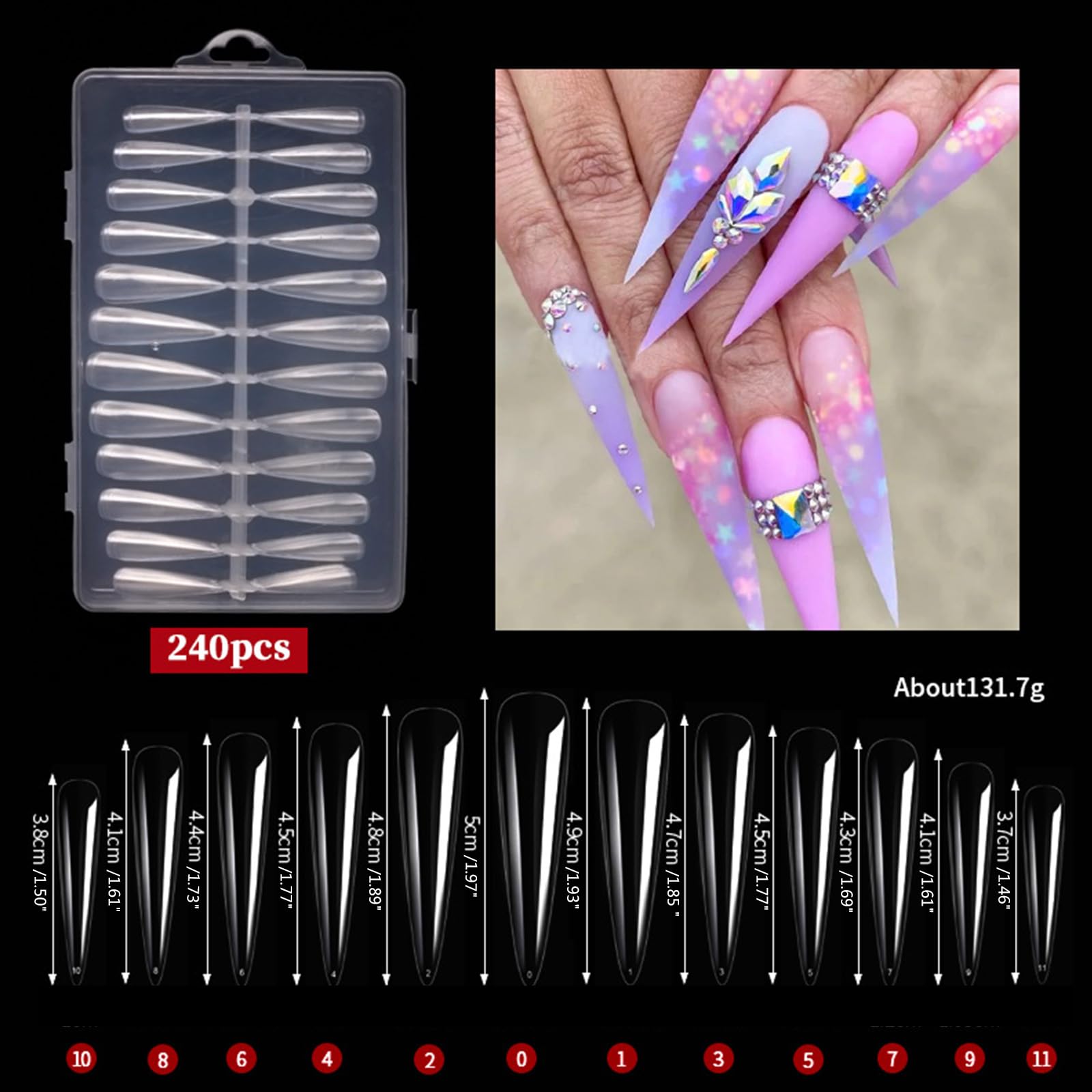 Amazon | 240個 ロングネイルチップ クリアフェイクネイルチップ 人工