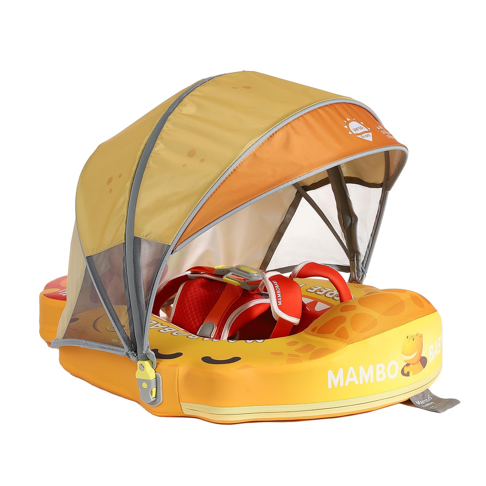 Mambobaby No-Flip Baby Pool Float with Canopy & Tail Non-Inflatable Swim Float for Infants, Pearl-Foam, UPF 50+ & Adjustable Safety Five-Way Harness, Skin-Friendly for Boys Girls 3-24 Months-T. rex