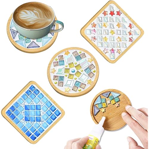 4 Sets DIY Glass Mosaic Tiles for Crafts,Mixed Color Mosaic Kits with Wooden Coaster for Adults,Mosaic Crafts Materials Package for Coaster Handmade Home Decor Gifts