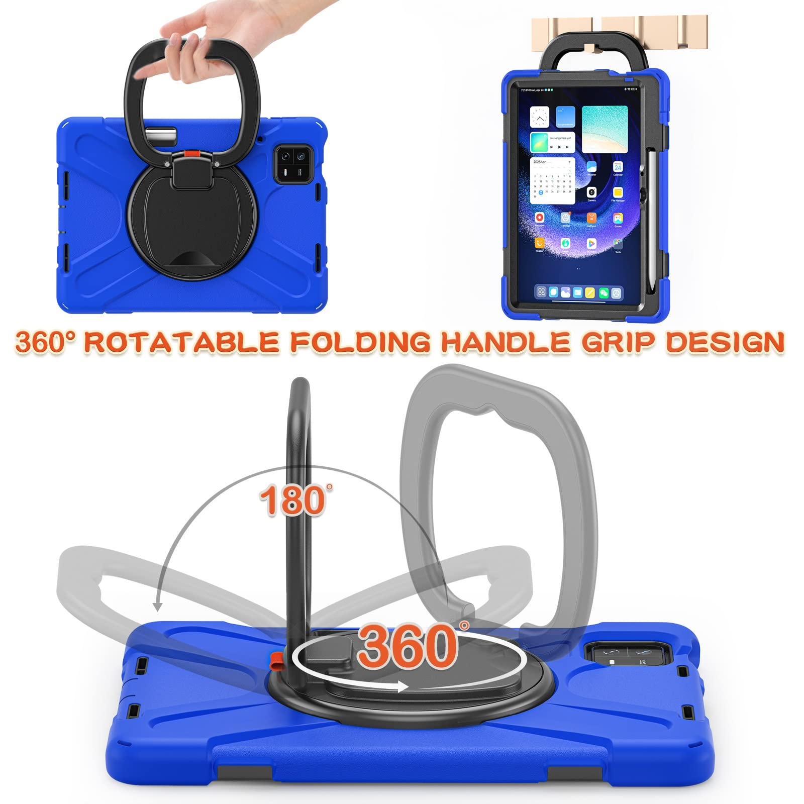 Coque Compatible avec Xiaomi Pad 6/Pad 6 Pro 11 Pouces (Version 2023), Coque Robuste en TPU Antichoc for Enfants, Support Multifonction Rotatif à 360 degrés et bandoulière(Blu)