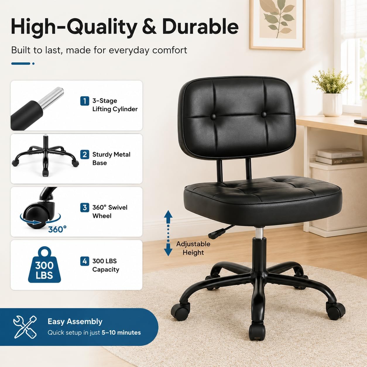 Armless Drafting Chair, Ergonomic PU Leather Home Office Computer Task Chair with Lumbar Support, Height Adjustable Swivel Rolling Chair for Small Spaces, Vanity, Bedroom, Study, Living Room, Black