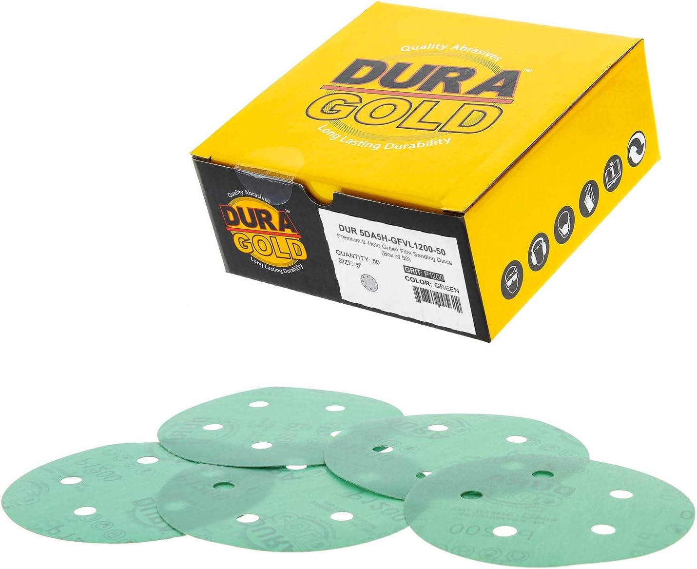 Dura-Gold Premium 1200 Grit 5" Green Film Sandpaper Discs, 5 Hole Pattern Dustless, 50 Discs - Hook & Loop Backing for Orbital DA Sander, Detailing Finishing Color Sanding Automotive Paint Woodworking