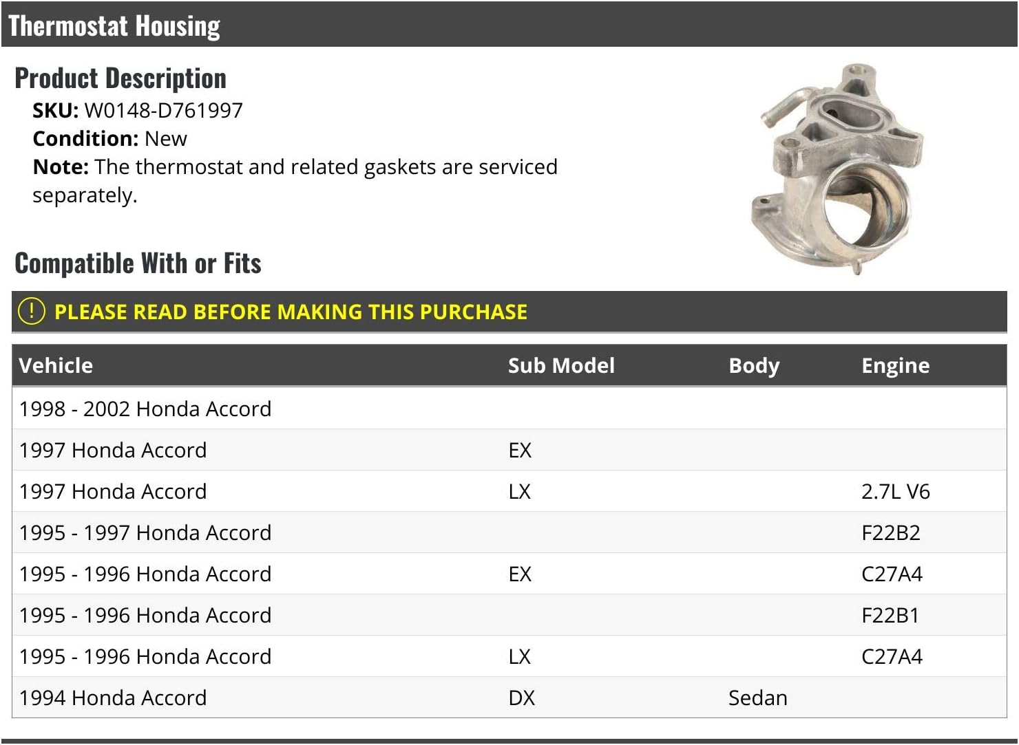 Marketplace Auto Parts Thermostat Housing - Compatible with 1994-2002 Honda Accord Sedan