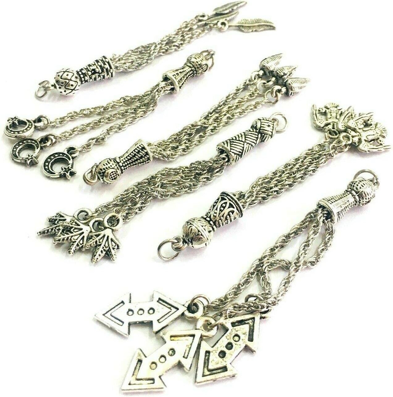 Perlin Set of 5 Tespih Tassel, Tassel, Püskül, Silver Metal for Prayer Beads, Tasbih Tespih Chain, Misbaha Subha Muslim Islamic Rosary Prayer Wor Accessories, 6~7,5 cm